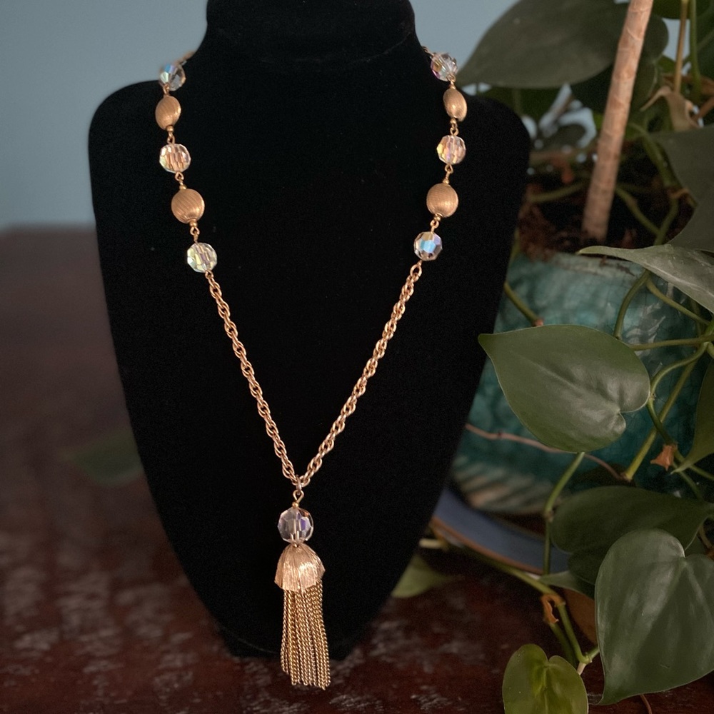 Vintage 50’s 60’s MidCentury Gold and Crystal Tassel Pendant Necklace Boho Glam